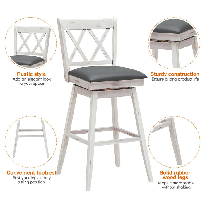 2 Pieces 29 Inches Swivel Counter Height Barstool Set with Rubber Wood Legs-White