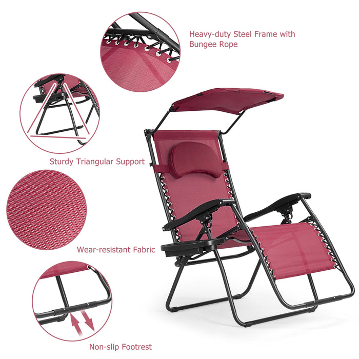 Folding Recliner Lounge Chair with Shade Canopy Cup Holder-Dark Red