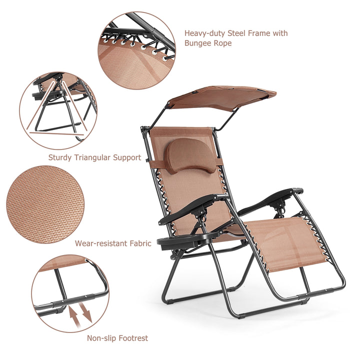 Folding Recliner Lounge Chair with Shade Canopy Cup Holder-Brown