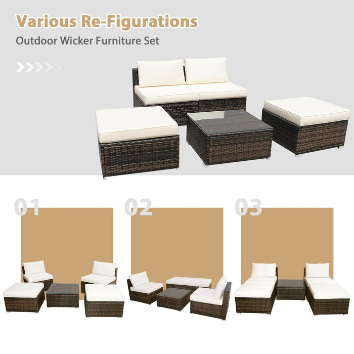 5 Pieces Patio Rattan Furniture Set with Cushioned Armless Sofa-White