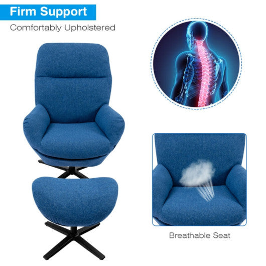 Upholstered Swivel Lounge Chair with Ottoman and Rocking Footstool-Blue