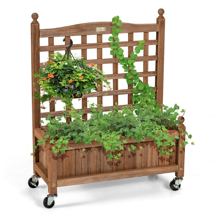 32in Wood Planter Box with Trellis Mobile Raised Bed for Climbing Plant