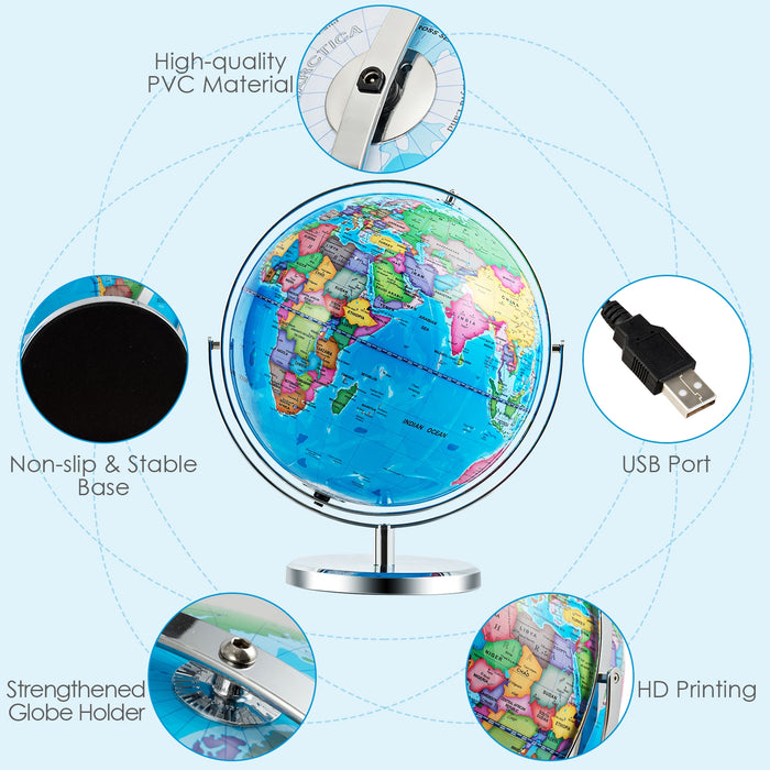 13 Inch Illuminated World Globe 720Â° Rotating Map with LED Light