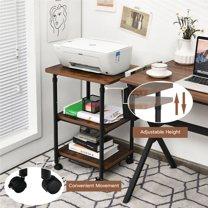 3-tier Adjustable Printer Stand with 360Â° Swivel Casters-Brown