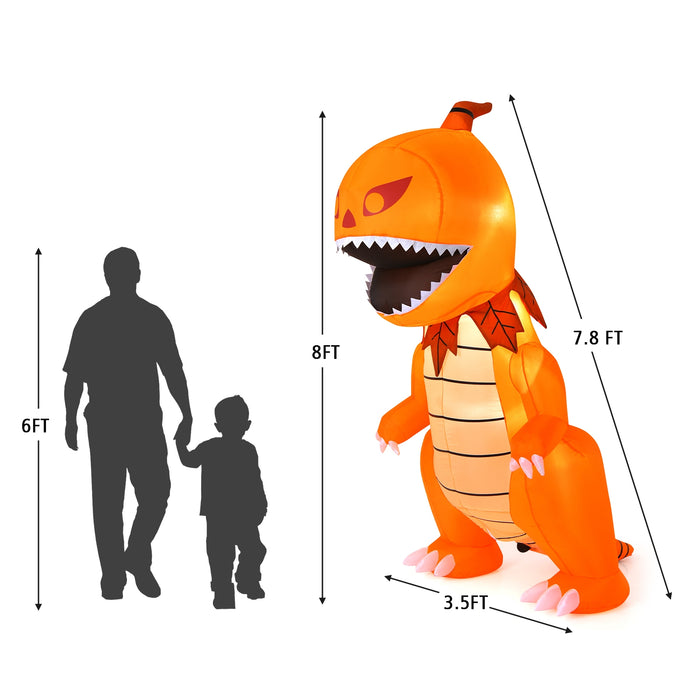 8 Feet Halloween Inflatable Pumpkin Head Dinosaur with LED Lights and 4 Stakes