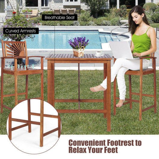 3 Pieces Acacia Wood Patio Bar Set with Sunflower Patterned Backrest