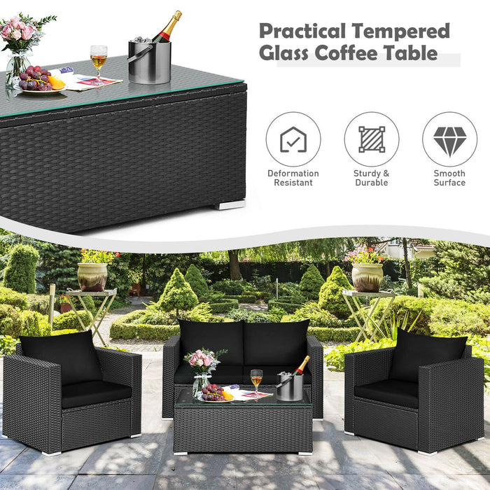 4 Pieces Patio Rattan Conversation Set with Cushions and Coffee Table-Black