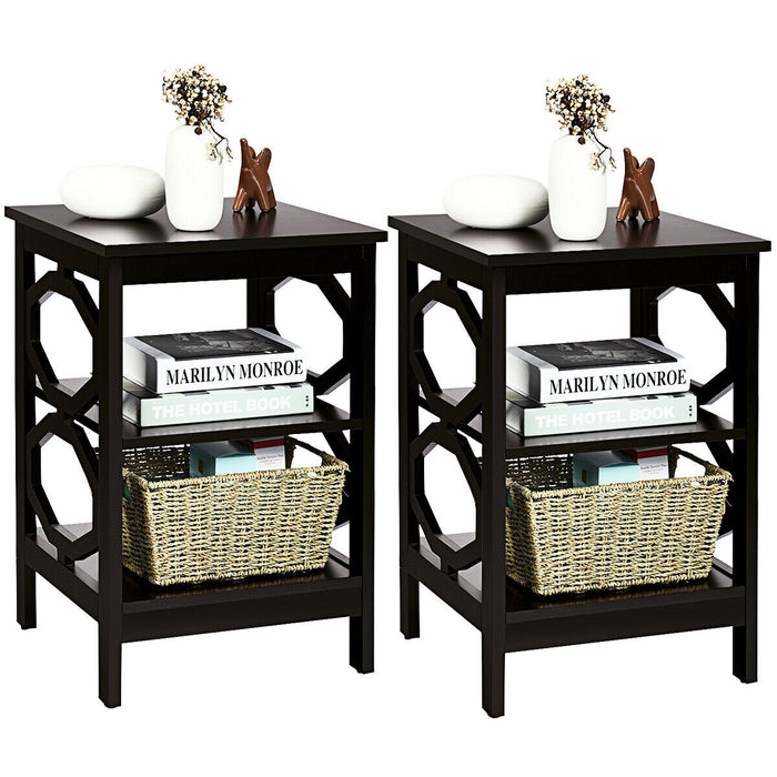 2 Pieces 3-Tier Nightstand Sofa Side End Table with Storage Display Shelf-Espresso