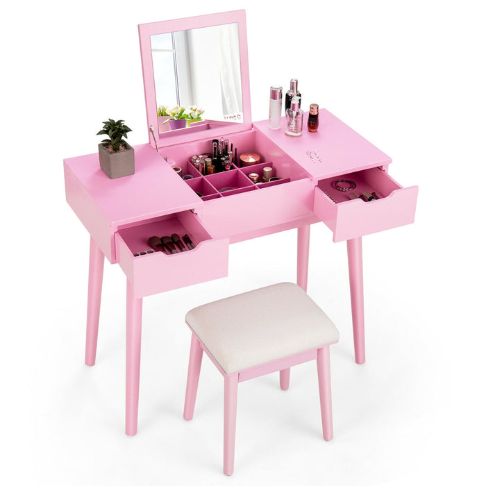 Makeup Vanity Table Set with Flip Top Mirror and 2 Drawers-Pink