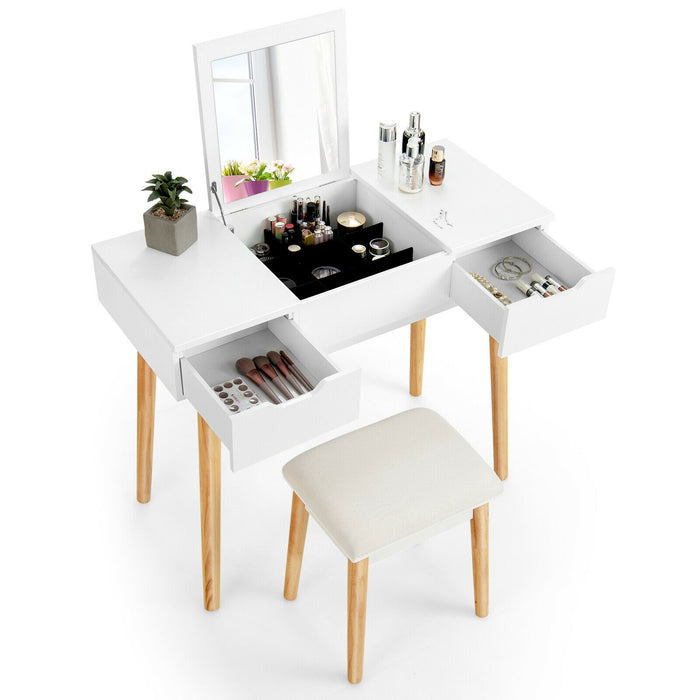 Makeup Vanity Table Set with Flip Top Mirror and 2 Drawers-White