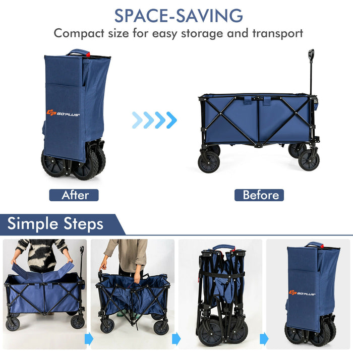 Outdoor Folding Wagon Cart with Adjustable Handle and Universal Wheels-Navy