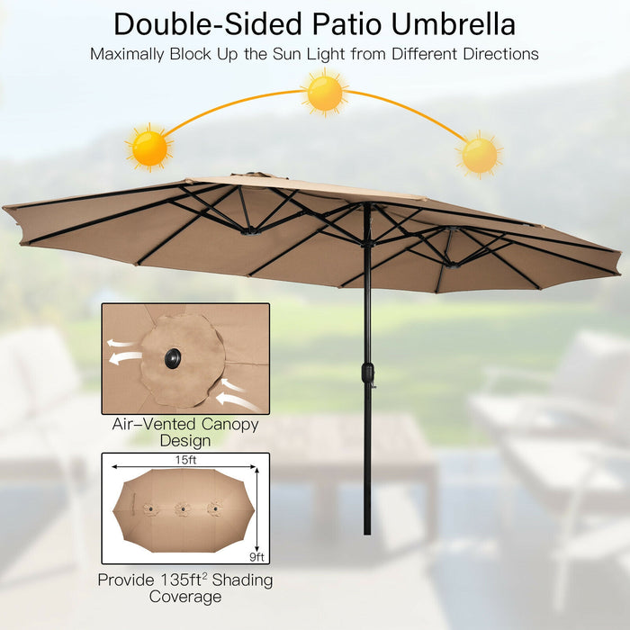 15 Feet Double-Sided Twin Patio Umbrella with Crank and Base-Brown