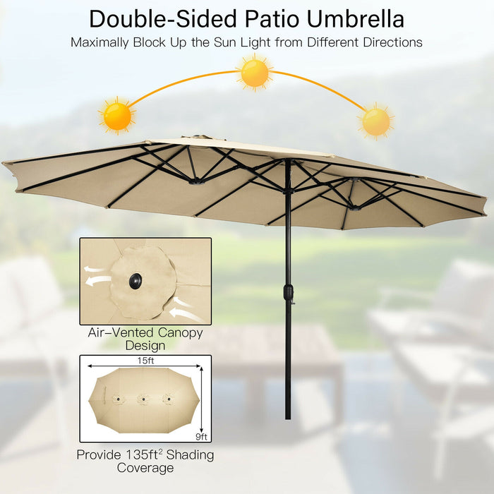 15 Feet Double-Sided Twin Patio Umbrella with Crank and Base-Beige