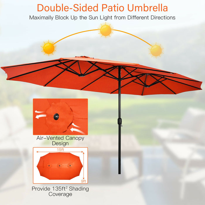 15 Feet Double-Sided Twin Patio Umbrella with Crank and Base-Orange