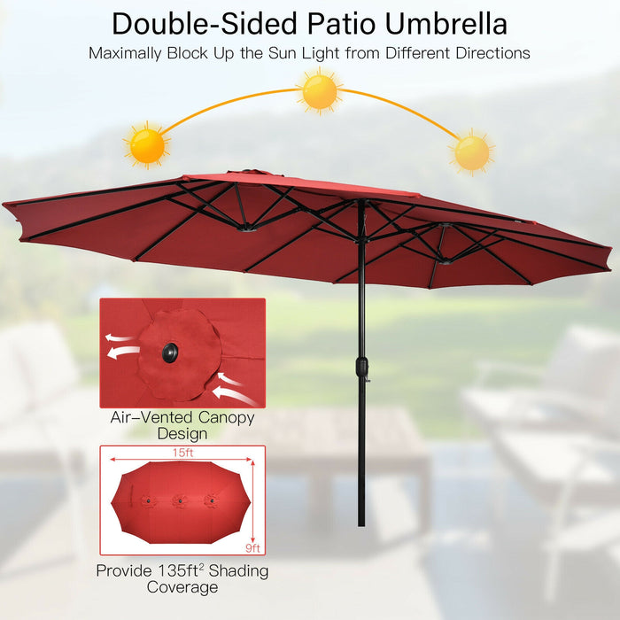 15 Feet Double-Sided Twin Patio Umbrella with Crank and Base-Red