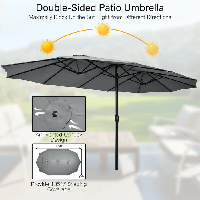 15 Feet Double-Sided Twin Patio Umbrella with Crank and Base-Gray