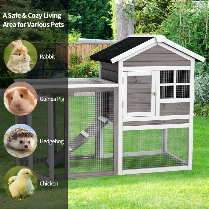 2-Story Wooden Rabbit Hutch with Running Area-Gray