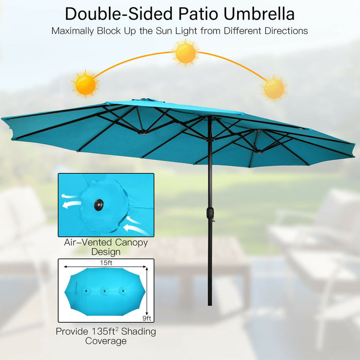 15 Feet Double-Sided Twin Patio Umbrella with Crank and Base-Turquoise