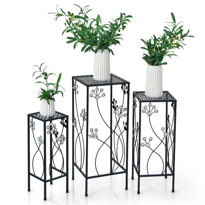 3 Pieces Flower Pots Display Rack with Vines and Crystal Floral Accents Square-Black