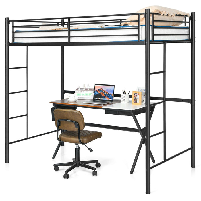 Twin Loft Bed Frame with 2 Ladders Full-length Guardrail -Black