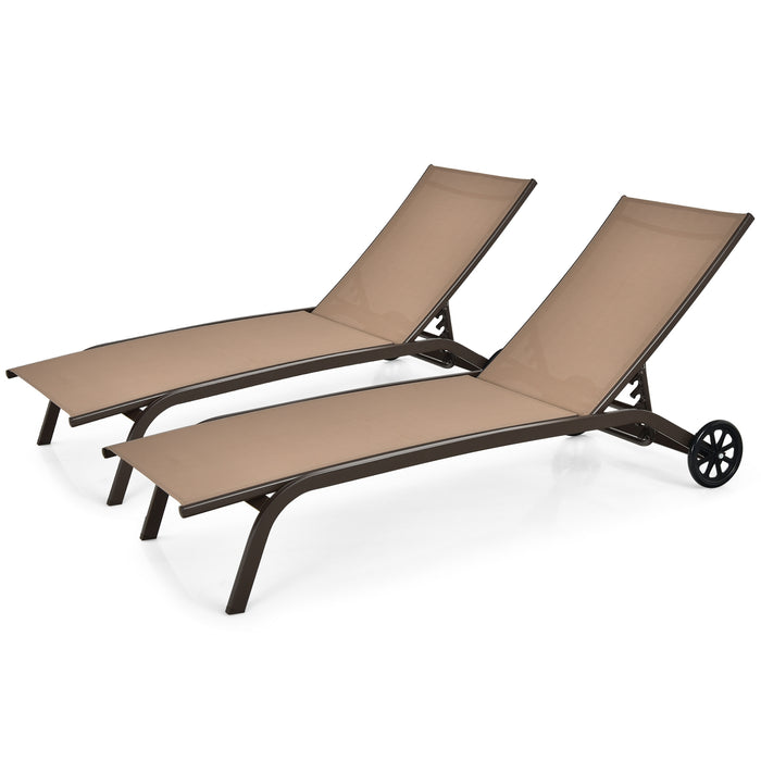 6-Poisition Adjustable Outdoor Chaise Recliner with Wheels-Brown