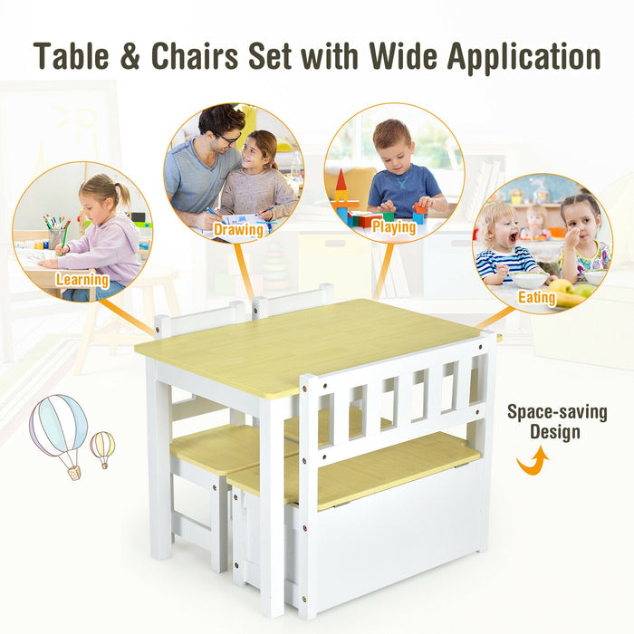 4 Pieces Kids Wooden Activity Table and Chairs Set with Storage Bench and Study Desk-Natural