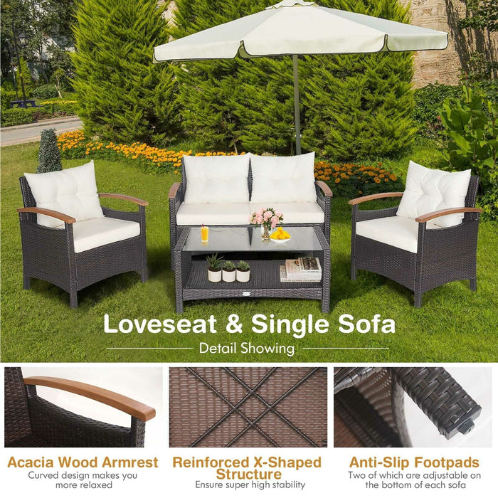 4 Pieces Patio Rattan Furniture Set with Cushioned Sofa and Storage Table-White