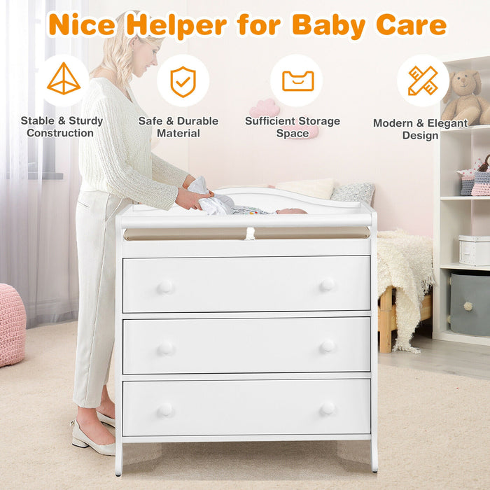 Baby Changing Table Infant Diaper with 3 Drawers and Safety Belt-White