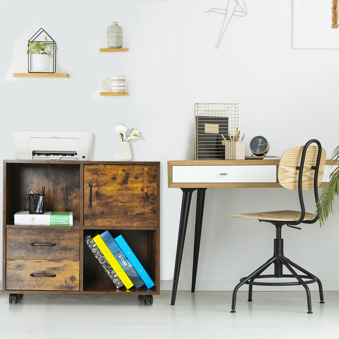 Mobile Filing Cabinet with Lateral Printer Stand and Storage Shelves-Brown