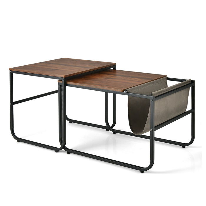 Set of 2 Nesting Coffee Tables with Side Pocket for Living Room Bedroom-Rustic Brown