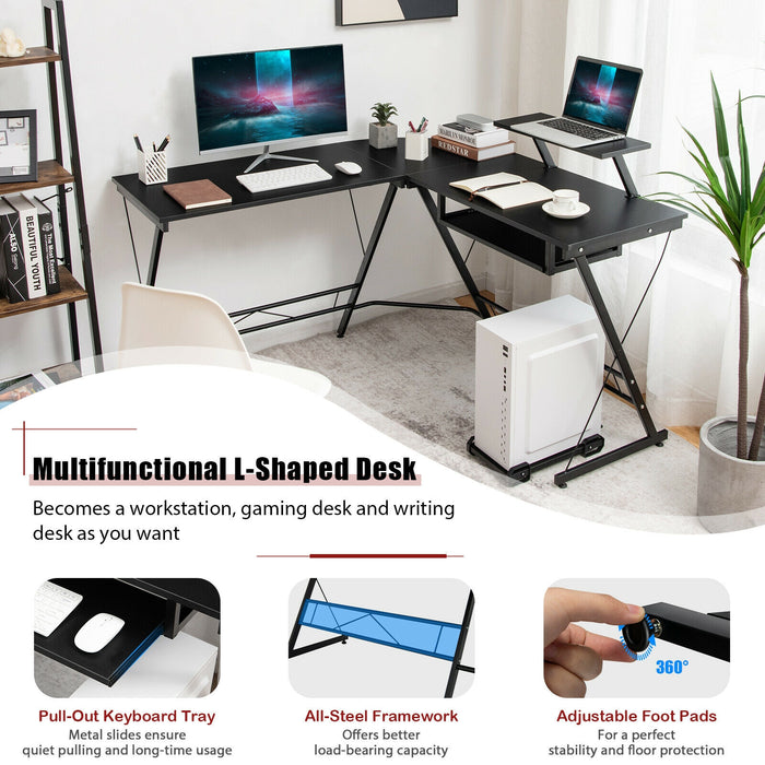 L Shaped Computer Desk Home Office Workstation with Movable Monitor Stand-Black