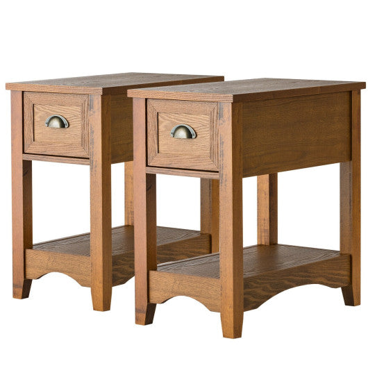 Set of 2 Contemporary Side End Table with Drawer -Natural