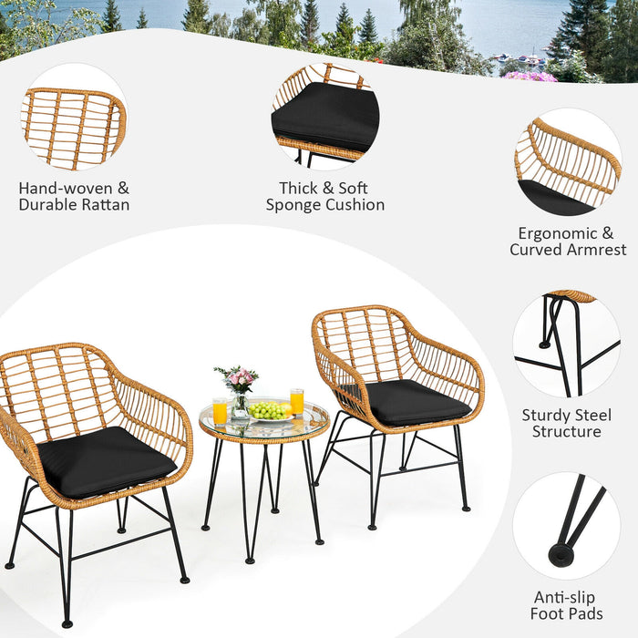 3 Pieces Rattan Furniture Set with Cushioned Chair Table-Black