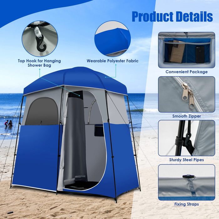 Double-Room Camping Toilet Tent with Floor and Portable Storage Bag-Blue