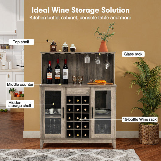 Storage Bar Cabinet with Framed Tempered Glass Door-Gray