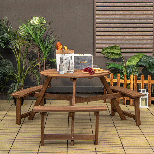 6-person Round Wooden Picnic Table with Umbrella Hole and 3 Built-in Benches-Dark Brown