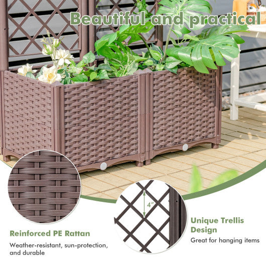 PE Rattan Raised Garden Bed with Trellis Planter Box for Climbing Plants-Brown