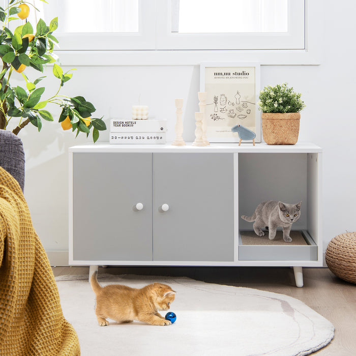 Cat Litter Box Enclosure with Divider and Double Doors-Gray