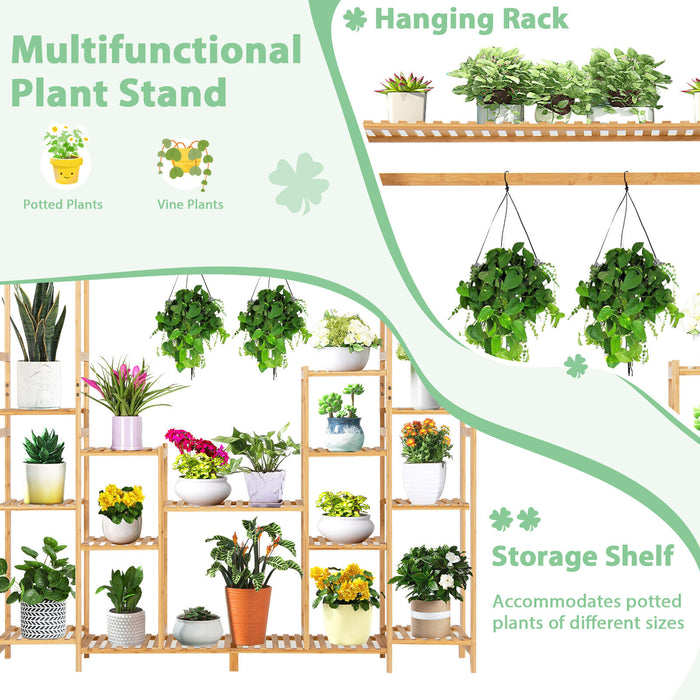 9-Tier Bamboo Plant Stand with Hanging Rack