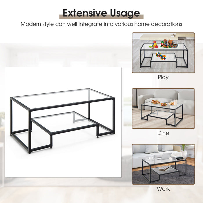 Modern 2-Tier Rectangular Coffee Table with Glass Table Top-Black