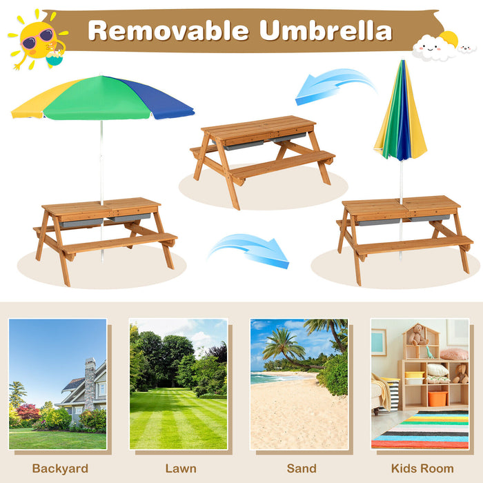 3-in-1 Kids Outdoor Picnic Water Sand Table with Umbrella Play Boxes-Yellow