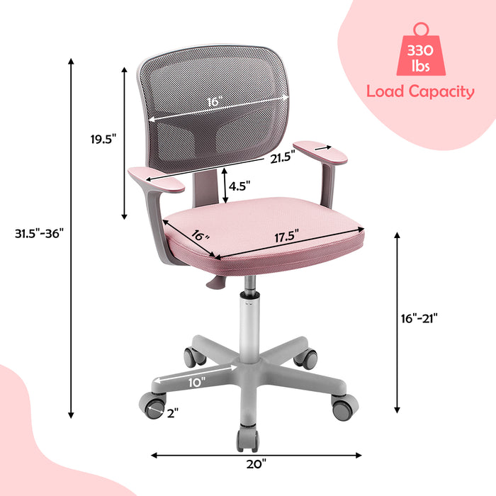 Adjustable Desk Chair with Auto Brake Casters for Kids-Pink