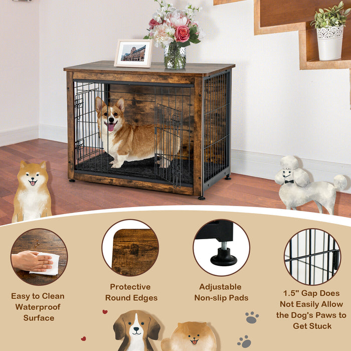 Wooden Dog Crate Furniture with Double Door and Tray-Brown