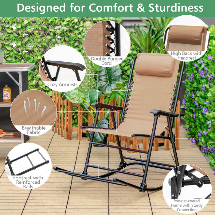 Outdoor Patio Camping Lightweight Folding Rocking Chair with Footrest -Beige