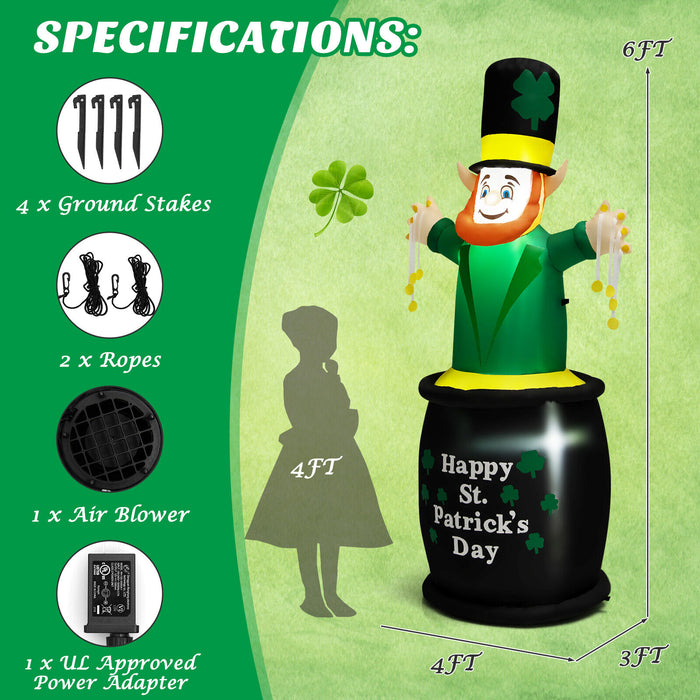 6 Feet St Patrick's Day Inflatables Leprechaun Irish Day Decoration with LED Lights