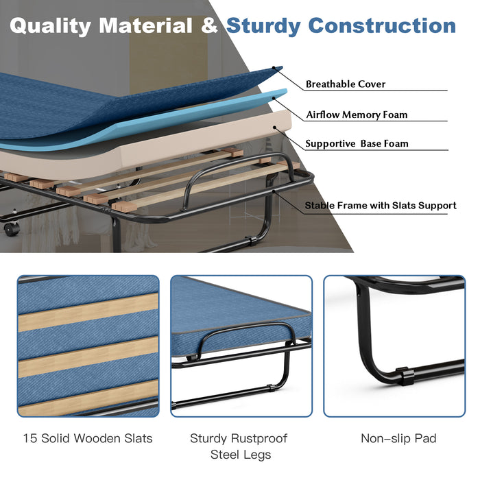 Portable Folding Bed with Memory Foam Mattress and Sturdy Metal Frame Made in Italy-Navy