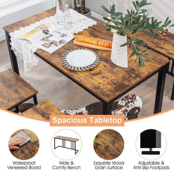 4 Pieces Industrial Dining Table Set with Bench and 2 Stools-Brown