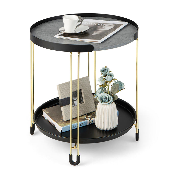 2-Tier Round Side Table with Removable Tray and Metal Frame for Small Space-Golden