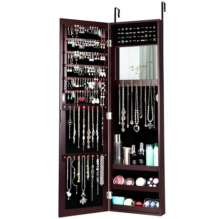 Full Length Mirror Jewelry Cabinet with Ring Slots and Necklace Hooks-Dark Brown