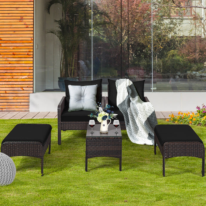 5 Pieces Patio Rattan Sofa Ottoman Furniture Set with Cushions-Black